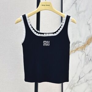 Miu Miu Navy Tank Top with White Lace Trim